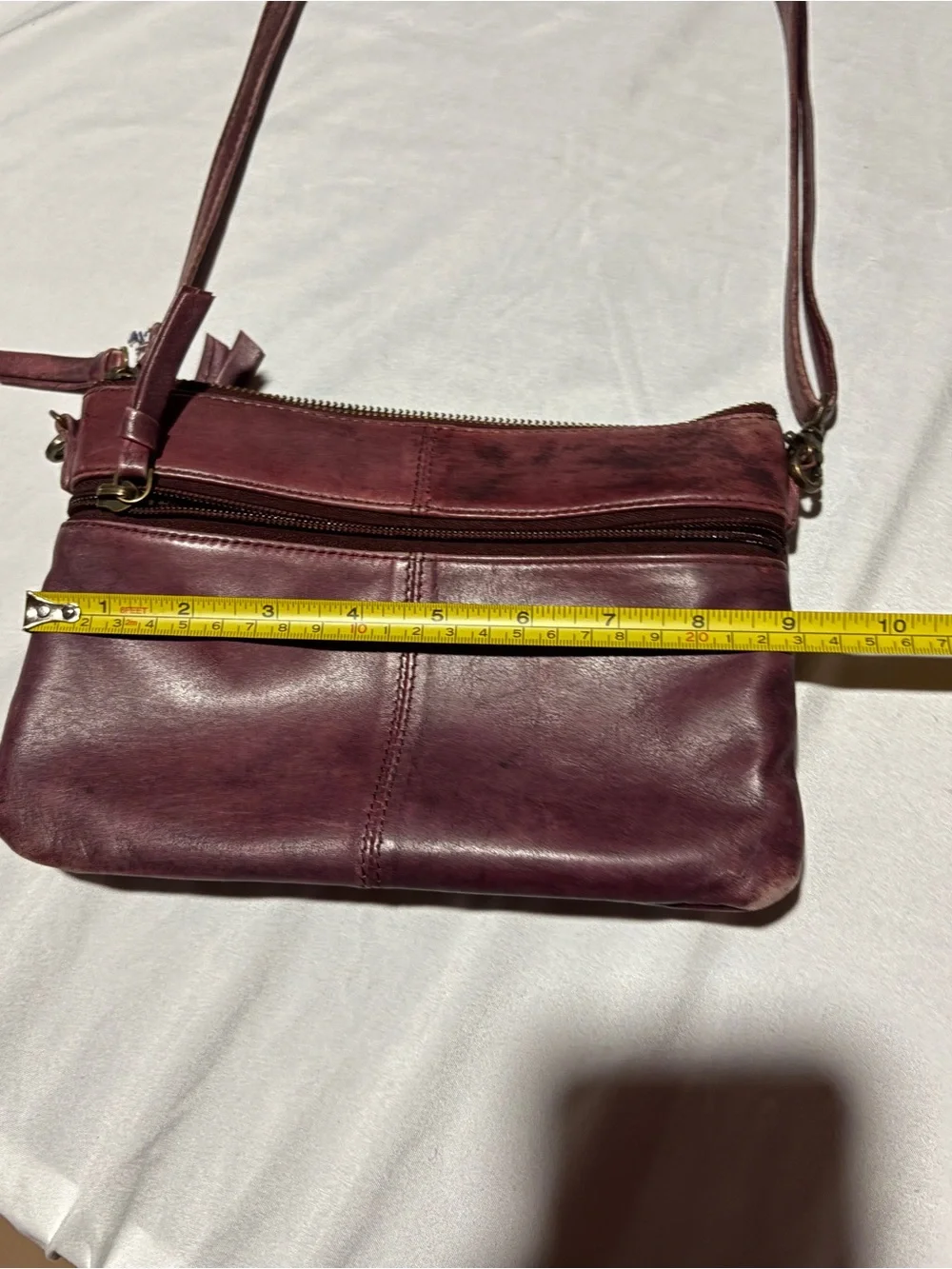Burgundy Leather Crossbody Purse Small Multi Zip Shoulder Bag Tassel